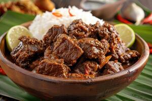 Close-Up of Stewed Beef with Rice and Lime in a Wooden Bowl photo