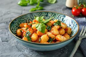 Gnocchi with tomato sauce, basil and salt, in a blue patterned bowl photo