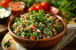 Tabbouleh Salad with Parsley and Tomatoes in a Brown Bowl photo