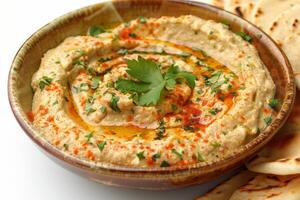 Hummus Dip with Parsley and Paprika in a Brown Bowl photo