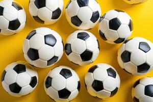Multiple Soccer Balls Arranged on a Yellow Background photo