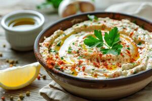 Bowl of Creamy White Bean Dip with Parsley and Olive Oil photo