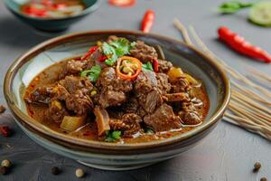 Close-Up of Spicy Beef Stew in a Bowl with Cilantro and Red Chili Peppers photo