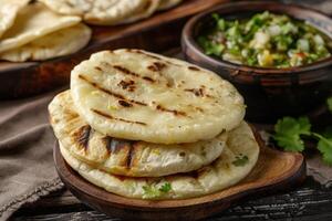 Stack of Grilled Flatbreads on Wooden Plate with Cilantro Garnish photo