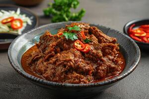 A Closeup of Spicy Beef Curry in a Black Bowl photo