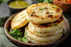 A Stack of Crispy Grilled Naan Bread with Parsley Garnish photo