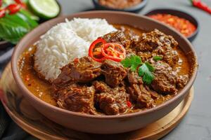 Beef Curry with Rice, Peppers, and Cilantro in a Brown Bowl photo