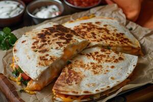 Three Golden Brown Quesadillas with Melted Cheese and Toppings photo