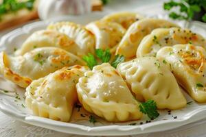 Close-up of Golden Brown Dumplings with Parsley and Pepper photo