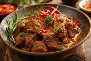 Spicy Beef Stew with Red Chili Peppers and Herbs photo