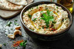 Creamy White Bean Dip with Parsley and Spices in a Bowl photo