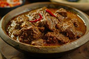 A Bowl of Spicy Beef Stew with Chili Peppers photo