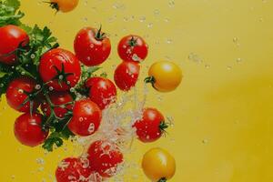 Red and Yellow Tomatoes Splashing in Water photo