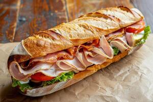 A Ham and Tomato Sandwich on a Crinkled Paper Background photo