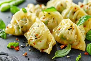 Close-up of Steamed Dumplings with Sesame Seeds and Basil photo