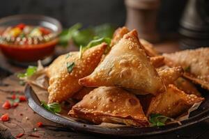 Crispy Golden Fried Samosas with Green Garnish on a Rustic Plate photo