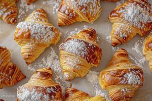 Close-up of a group of golden brown croissants dusted with powdered sugar photo