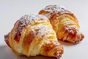 Two Golden Croissants Dusted with Powdered Sugar photo