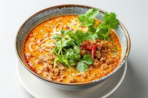 Bowl of Spicy Thai Noodle Soup with Pork and Herbs photo