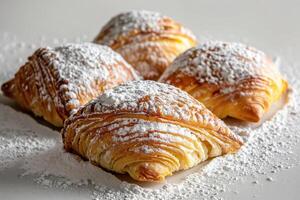 Four Golden Croissants Dusted with Powdered Sugar photo