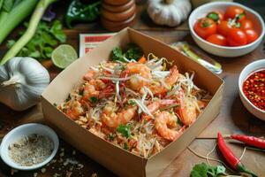 Pad Thai with Shrimp, Bean Sprouts, and Chili Peppers in a Takeout Box photo
