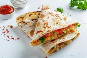 Two Folded Quesadillas with Salsa and Sour Cream on White Surface photo