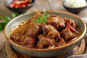 Close-up of Beef Curry in a Bowl with Red Chili Peppers photo