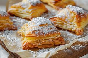 Golden Puff Pastry with Powdered Sugar on Wooden Board photo