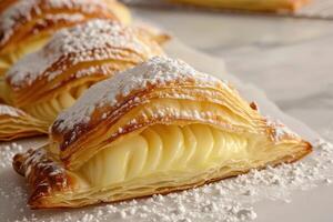 A Close-Up of a Flaky Pastry Filled with Custard and Dusted with Powdered Sugar photo