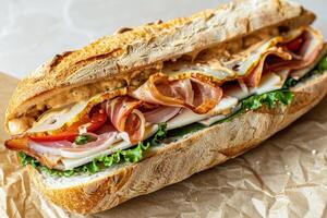 Close-up of a Savory Sandwich with Ham, Lettuce, and Pear Slices photo