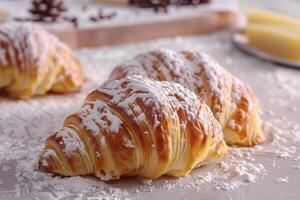Close-up of Powdered Sugar-Dusted Croissants on a Countertop photo