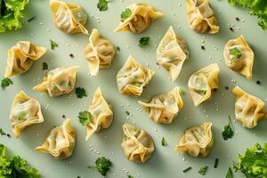 A Plate of Steamed Dumplings with Sesame Seeds, Parsley, and Green Onion photo