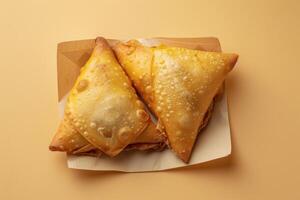 Three Golden Brown Fried Samosas in a Paper Wrapper photo