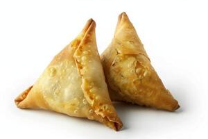 Two Golden Brown Fried Samosas on White Background photo