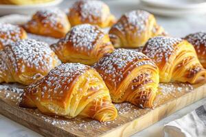 Freshly Baked Croissants with Powdered Sugar on Wooden Board photo