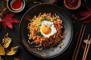 Spicy Noodles with Fried Egg and Sesame Seeds photo