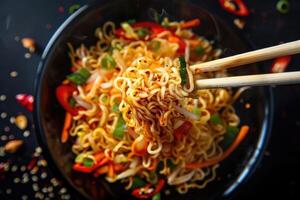 Steaming Noodles with Chopsticks and Vegetables in a Bowl photo