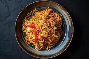 Stir-fried Noodles with Red Bell Pepper and Green Onion in a Blue and Gold Dish photo