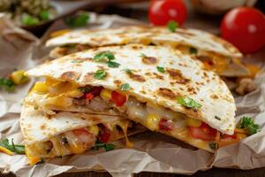 Close-up of Cheesy Quesadillas with Melted Cheese and Vegetables photo