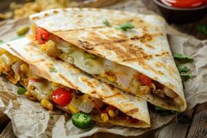 Two Golden-Brown Quesadillas Filled with Melted Cheese, Peppers, Corn, and Onions photo