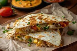 Golden Brown Quesadilla with Chicken, Cheese, Corn and Tomato Filling photo