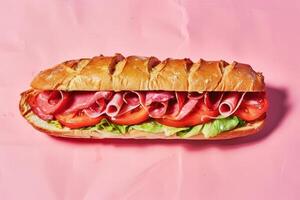 Salami and Ham Sandwich on a Pink Background photo