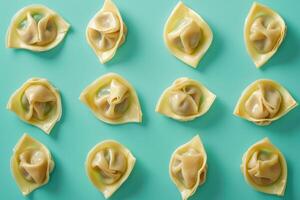 A Dozen Uncooked Wontons on Turquoise Background photo