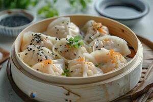 Steamed Dumplings with Sesame Seeds and Fish Roe in Bamboo Steamer photo