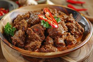 Stewed Meat with Red Chili Peppers and Parsley in Wooden Bowl photo