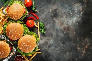 Close-up of Three Sesame Seed Burgers with Lettuce and French Fries photo