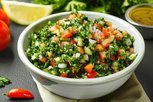A bowl of fresh tabbouleh salad with chopped tomatoes, cucumbers, and parsley photo