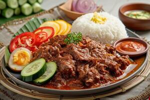 Beef Stew with Rice, Cucumber, and Red Pepper Garnishes photo