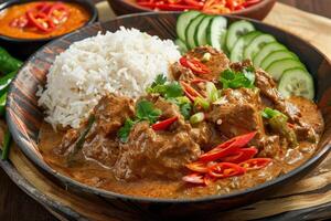 Spicy Beef Curry with Rice and Cucumber Slices photo