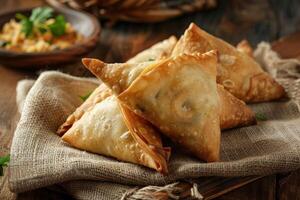 Golden Fried Samosas on Rustic Burlap and Wood photo